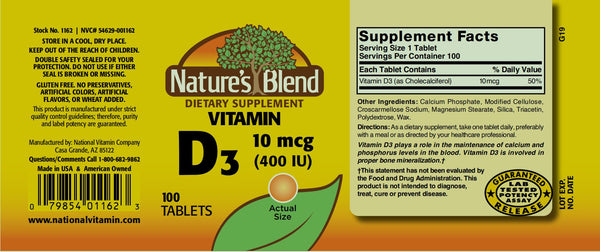 Nature's Blend, Vitamin D3 10mcg (400 IU), 100 Tablets