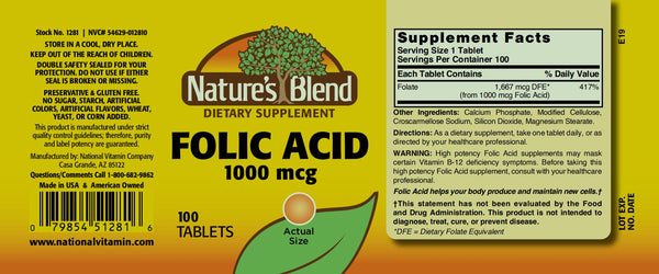 Nature's Blend, Folic Acid 1000 mcg, 100 Tablets