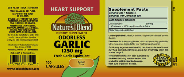 Nature's Blend, Garlic Odorless 1250 mg, 100 Capsules