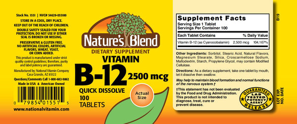Nature's Blend, Vitamin B-12, 2500 mcg, Quick Dissolve, Cherry Flavor, 100 Tablets