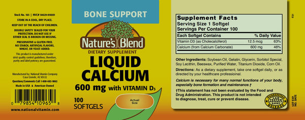 Nature's Blend, Liquid Calcium 600 mg with Vitamin D3, 100 Softgels
