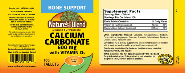 Nature's Blend, Calcium Carbonate 600 mg with Vitamin D3, 100 Tablets