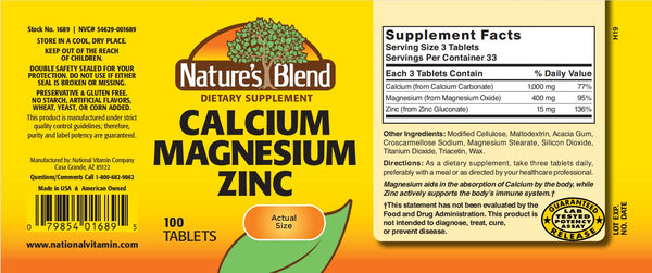 Nature's Blend, Calcium Magnesium Zinc, 100 Tablets