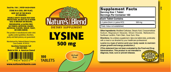 Nature's Blend, Lysine 500 mg, 100 Talets