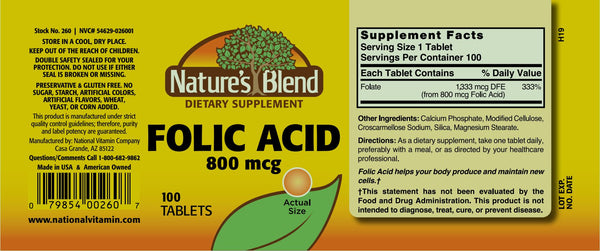 Nature's Blend, Folic Acid 800 mcg, 100 Tablets