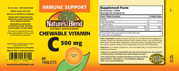 Nature's Blend, Vitamin C Chewable, 500 mg, 60 Tablets