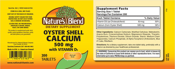 Nature's Blend, Oyster Shell Calcium, 500 mg with D3, 200 Tablets