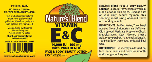 Nature's Blend, Vitamin E 14,000IU & Vitamin C 100mg with Panthenol Face and Body Lotion, 1.75 oz