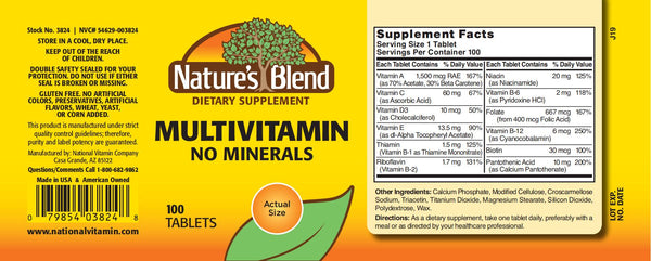 Nature's Blend, Multivitamin No Minerals, 100 Tablets