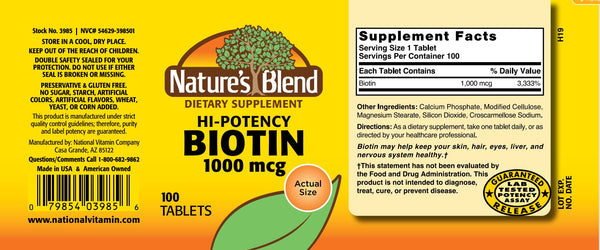 Nature's Blend, Hi-Potency Biotin 1000 mcg, 100 Tablets