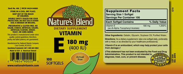 Nature's Blend, Vitamin E 180mg (400IU), 100 Softgels