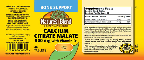 Nature's Blend, Calcium Citrate Malate 500 mg with D3 5mcg, 60 Tablets