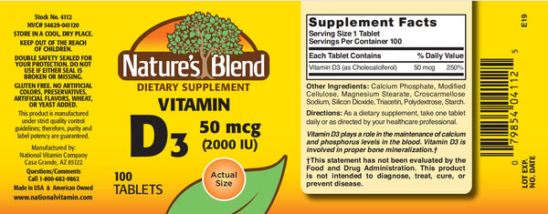 Nature's Blend, Vitamin D3, 50mcg (2000IU), 100 Tablets