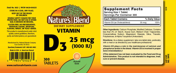 Nature's Blend, Vitamin D3 25mcg (1000IU), 300 Tablets