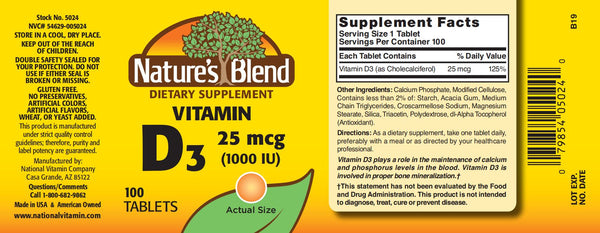 Nature's Blend, Vitamin D3 25mcg (1000IU), 100 Tablets
