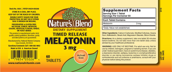 Nature's Blend, Melatonin 3 mg, Timed Release, 60 Tablets