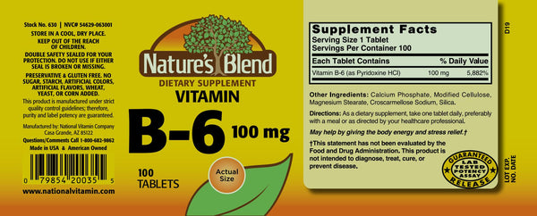 Nature's Blend, Vitamin B-6, 100 mg, 100 Tablets