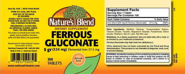 Nature's Blend, Ferrous Gluconate 5gr (324mg), 100 Tablets