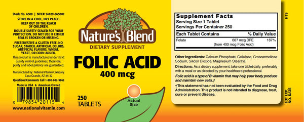 Nature's Blend, Folic Acid 400 mcg, 250 Tablets