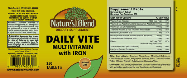 Nature's Blend, Daily Vite with Multivitamin Iron (Yellow), 250 Tablets
