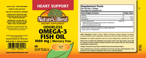 Nature's Blend, Odorless Omega-3 Fish Oil 1000 mg, 60 Softgels