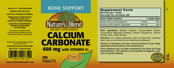 Nature's Blend, Calcium Carbonate 600 mg with Vitamin D3, 200 Tablets