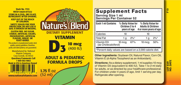 Nature's Blend, Vitamin D3 10mcg (400IU), Lemon, Liquid Drops, 1.75 fl oz