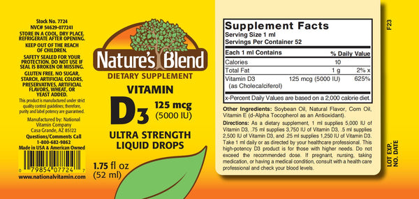 Nature's Blend, Vitamin D3, 125mcg (5000IU) Lemon Flavor, Liquid drops, 1.75 fl oz