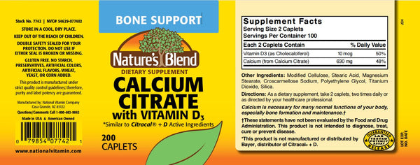 Nature's Blend, Calcium Citrate 630 mg with D3 10mcg, 100 Caplets