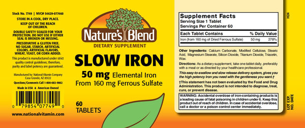 Nature's Blend, Slow Iron 50mg (160mg Ferrous Sulfate), 60 Tablets