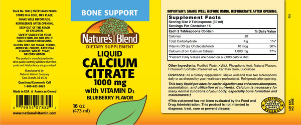 Nature's Blend, Liquid Calcium Citrate 1000mg with Vitamin D3, Blueberry Flavor, 16 oz