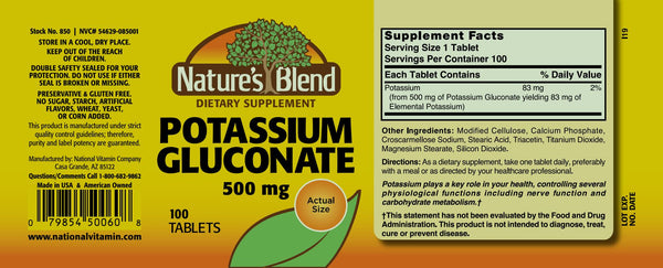 Nature's Blend, Potassium Gluconate 500 mg, 100 Tablets