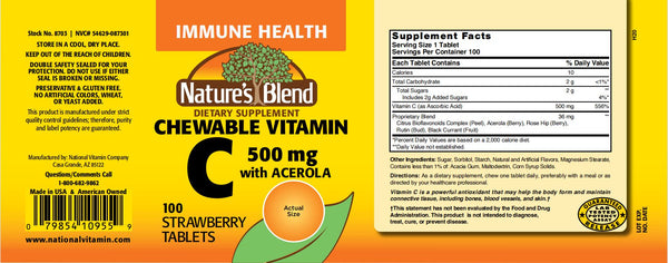Nature's Blend, Chewable Vitamin C 500 mg with Acerola, Strawberry, 100 Strawberry Tablets