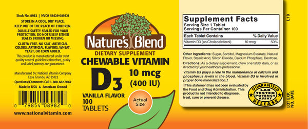 Nature's Blend, Chewable Vitamin D3 10mcg (400IU), Vanilla Flavor, 100 Tablets