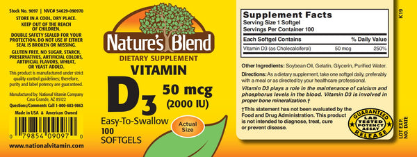 Nature's Blend, Vitamin D3, 50mcg (2000IU), 100 Softgels