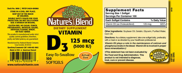 Nature's Blend, Vtiamin D3, 125mcg (5000IU), 100 Softgels