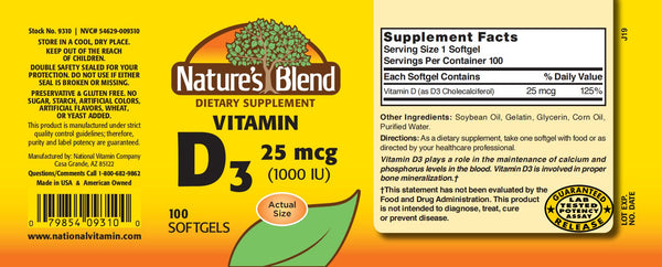 Nature's Blend, Vitamin D3 25mcg (1000IU), 100 Softgels