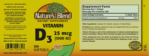 Nature's Blend, Vitamin D3, 25mcg (1000IU), 300 Softgels