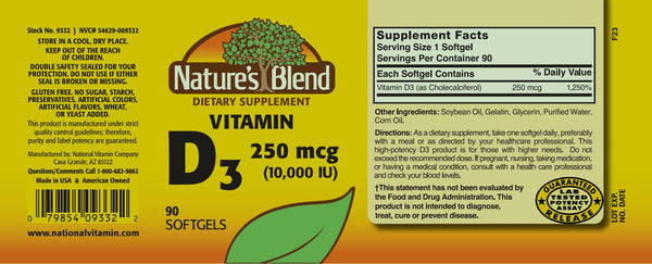 Nature's Blend, Vtiamin D3, 250mcg (10,000IU), 90 Softgels