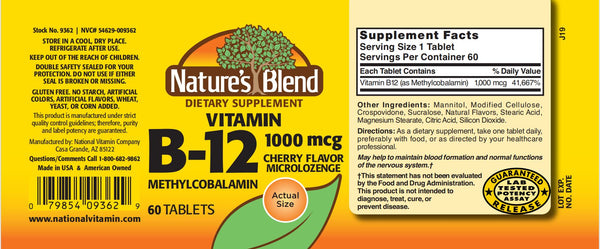 Nature's Blend, Vitamin B-12, 1000 mcg, Methylcobalamin, Cherry Flavor Microlozenge, 60 Tablets
