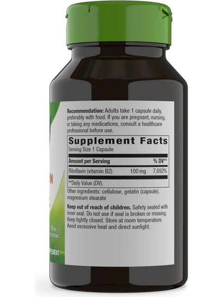 Nature's Way, Riboflavin Vitamin B2, 100 capsules