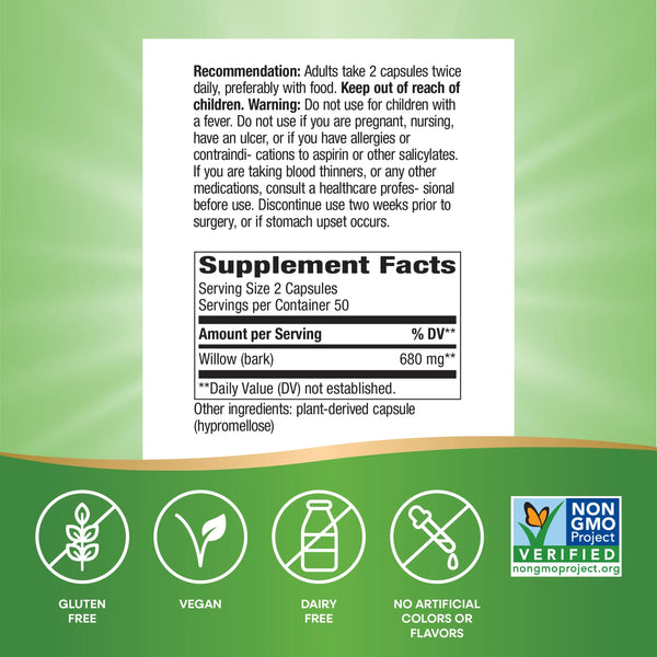Nature's Way, Willow Bark, 100 Vegan Capsules