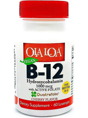 Ola Loa, Vegan B-12 Hydroxycobalamin with Folic Acid 1000mcg Sublingual Cherry, 60 Lozenges