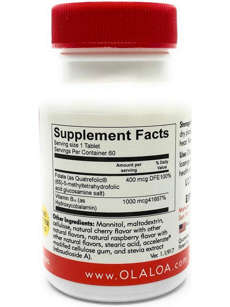 Ola Loa, Vegan B-12 Hydroxycobalamin with Folic Acid 1000mcg Sublingual Cherry, 60 Lozenges