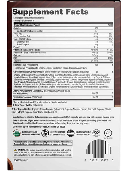 Om Mushroom Superfood, Master Blend Plant Protein, Creamy Chocolate, 10 Packets