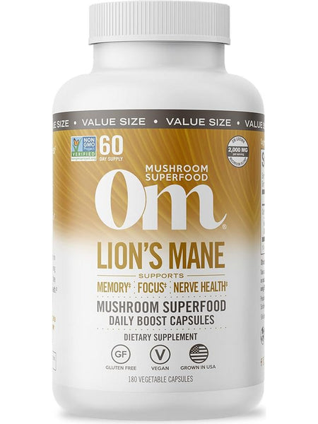 Om Mushroom Superfood, Lion's Mane Mushroom Superfood Daily Boost Capsules, 180 Vegetable Capsules