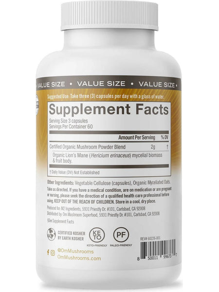 Om Mushroom Superfood, Lion's Mane Mushroom Superfood Daily Boost Capsules, 180 Vegetable Capsules
