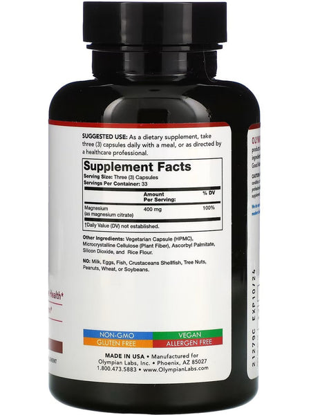 Olympian Labs, Magnesium Citrate, 400 mg, 100 Vegetarian Capsules