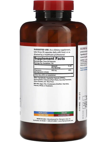 Olympian Labs, Magnesium Citrate, 400 mg, 300 Vegetarian Capsules
