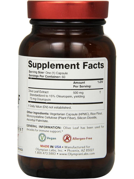 Olympian Labs, Olive Leaf Extract, 500 mg, 60 Vegetarian Capsules